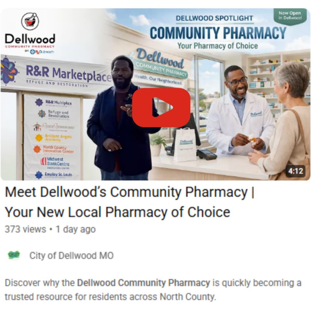 Image of Dellwood City Mayor as he tours the Dellwood Community Pharmacy. Image includes a "play" button that links to a Youtube video tour.