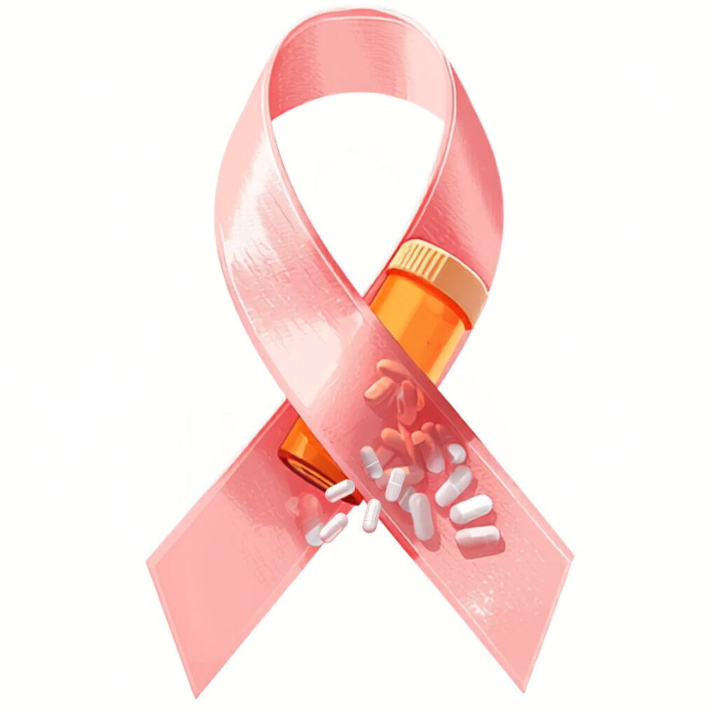 Illustration of a pink breast cancer awareness ribbon intertwined with an orange prescription pill bottle spilling white capsules, symbolizing the important role of medication access, adherence, and ongoing treatment during the breast cancer journey.